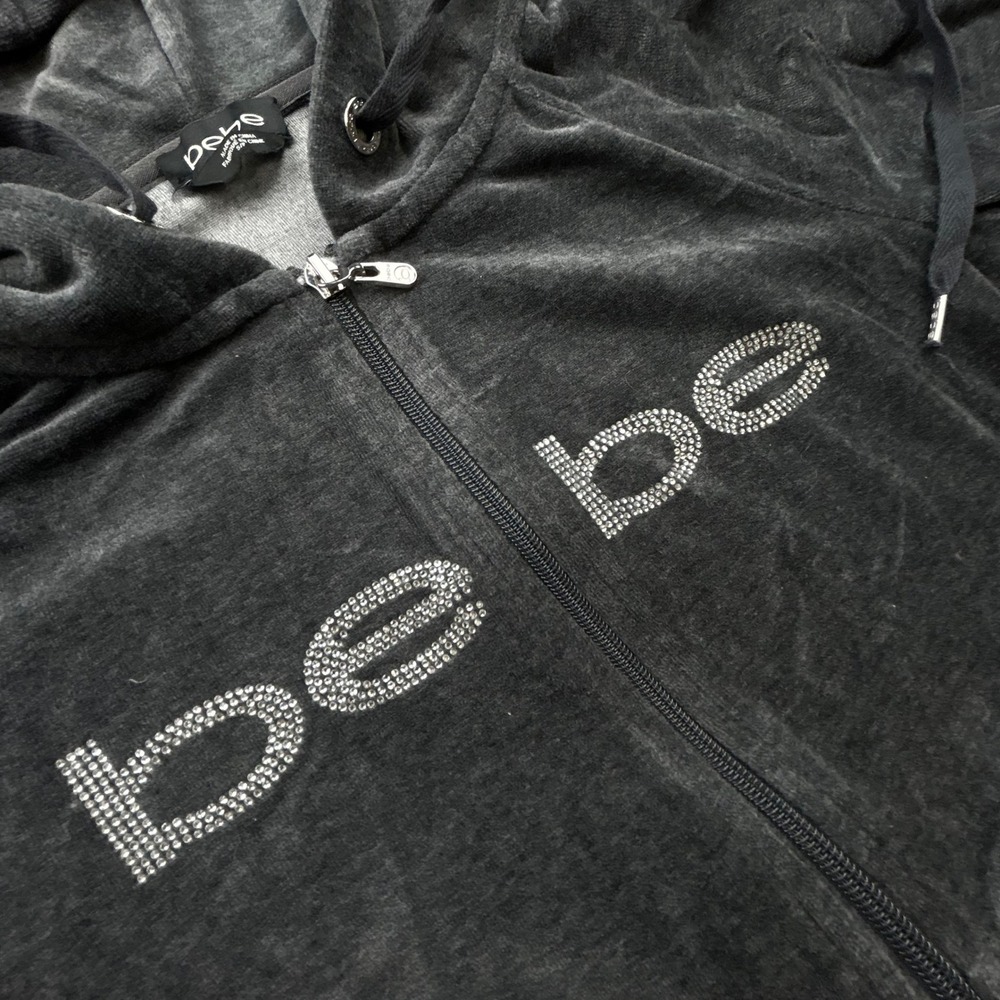 Bebe Vintage Y2K Velour Rhinestone Logo Zip Up Hoodie Charcoal Grey Small - Picture 2 of 6